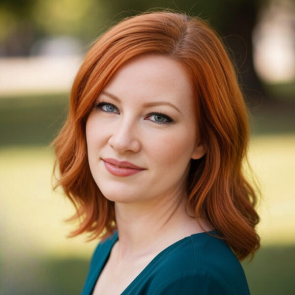 Shannon Cherry, a woman with red hair, blue eyes, wearing a dark teal top looking into the camera